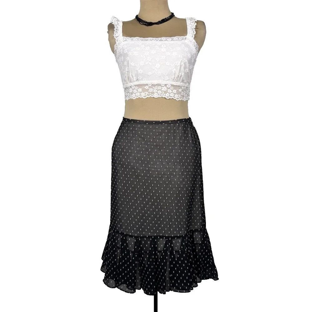 Ann Taylor LOFT Sheer Polka Dot Black Chiffon‎ Ruffle Hem Skirt 10P Workwear
